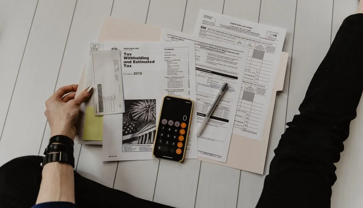 Calculator and tax return paperwork on a desk at a Bellevue, Nebraska tax office