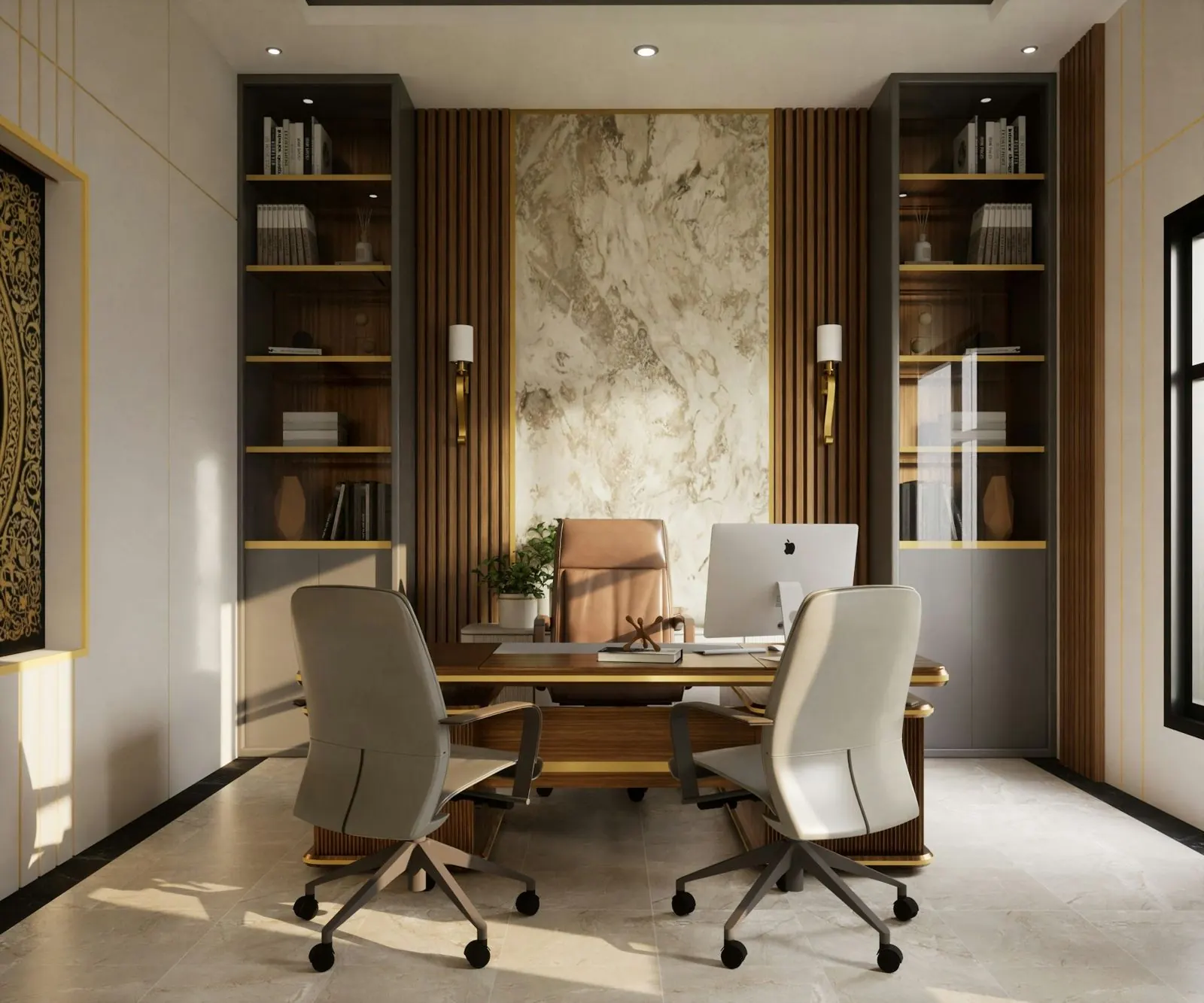 Sunlit modern office with warm wood shelving